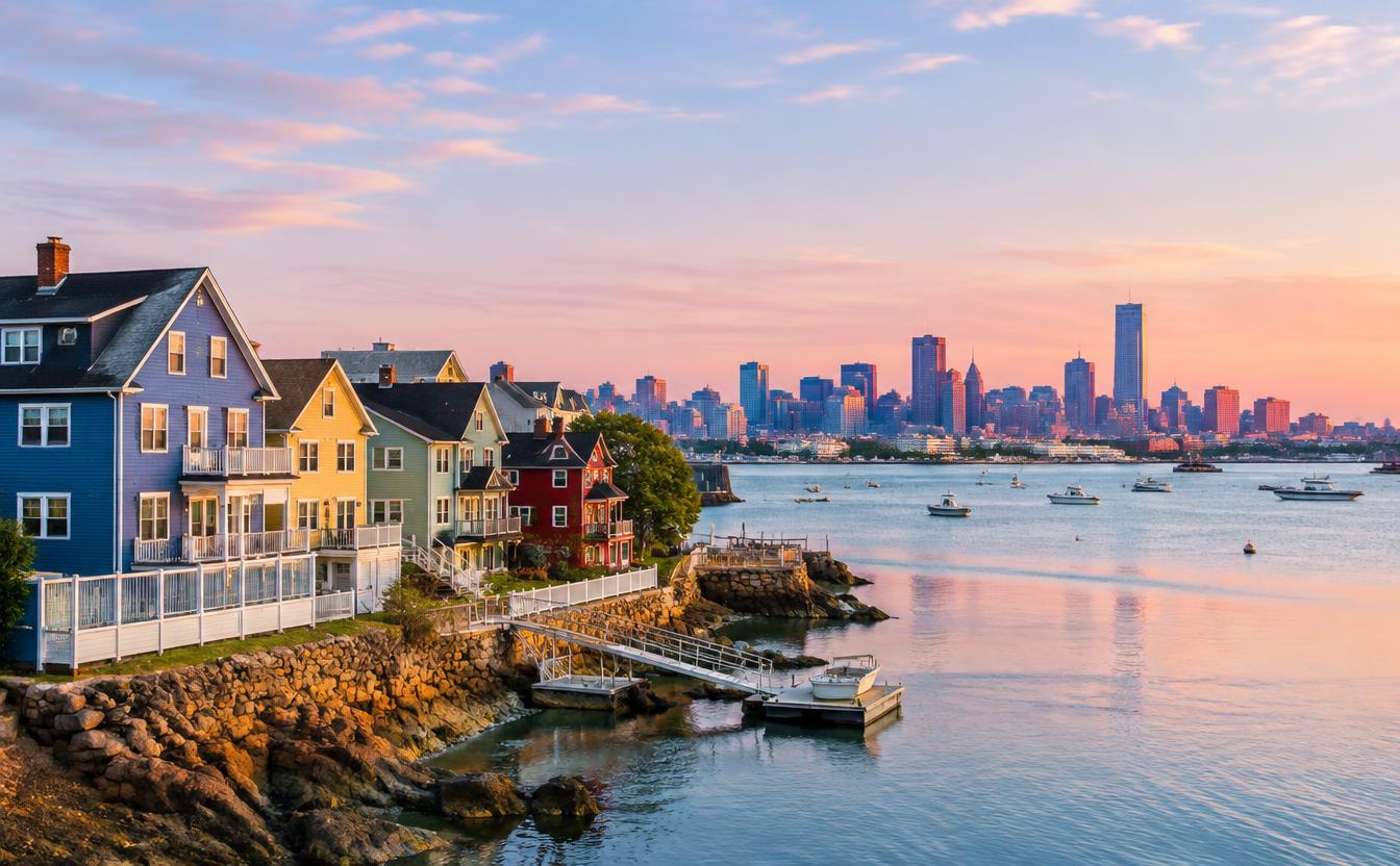 Winthrop waterfront homes with the Boston skyline across the harbor