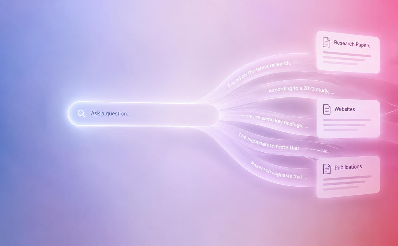 A search bar flowing into AI answers and cited source cards