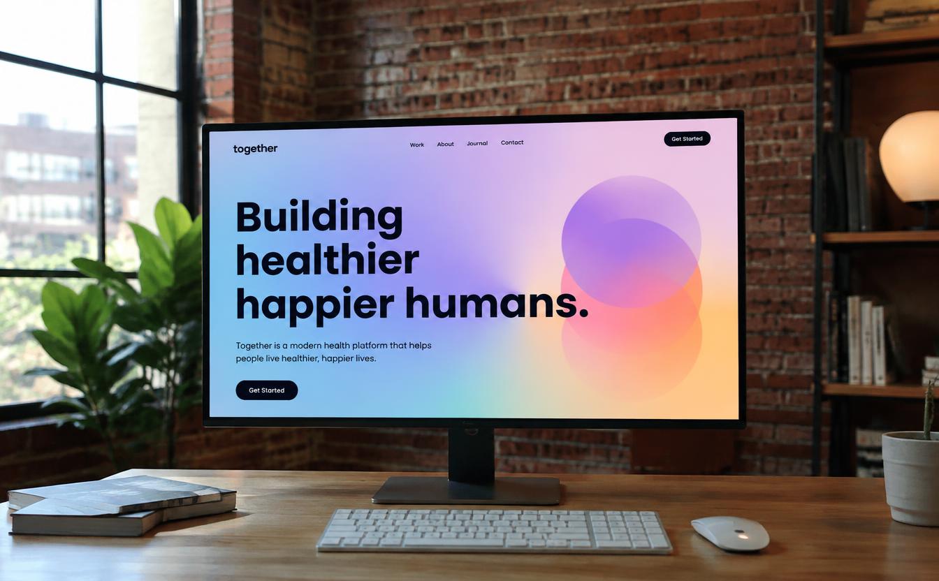 Monitor showing a bold modern website in a brick Boston loft